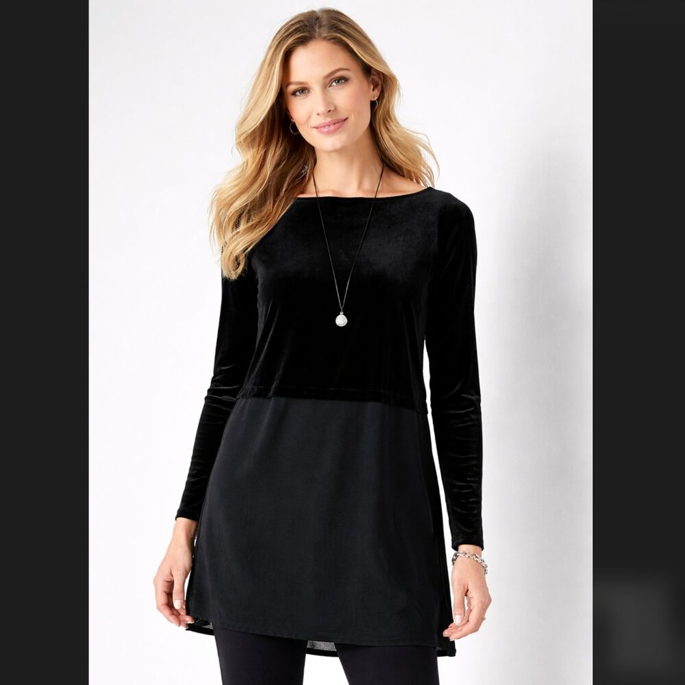 J. Jill Velvet Tunic Top S Petite Black Mixed Media Boat Neck Long Sleeve Slit